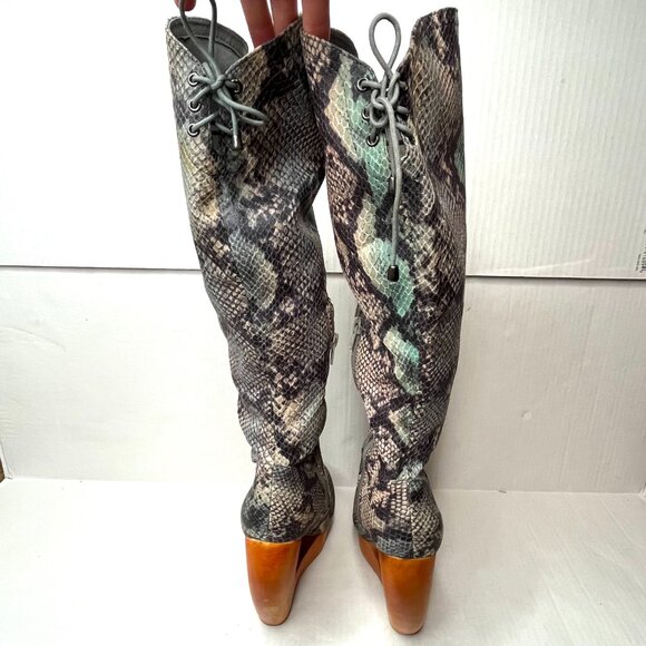 Jeffrey Campbell Rockferry Boots Size 7 Blue Snakeskin Brown Platform Knee High - Picture 8 of 17